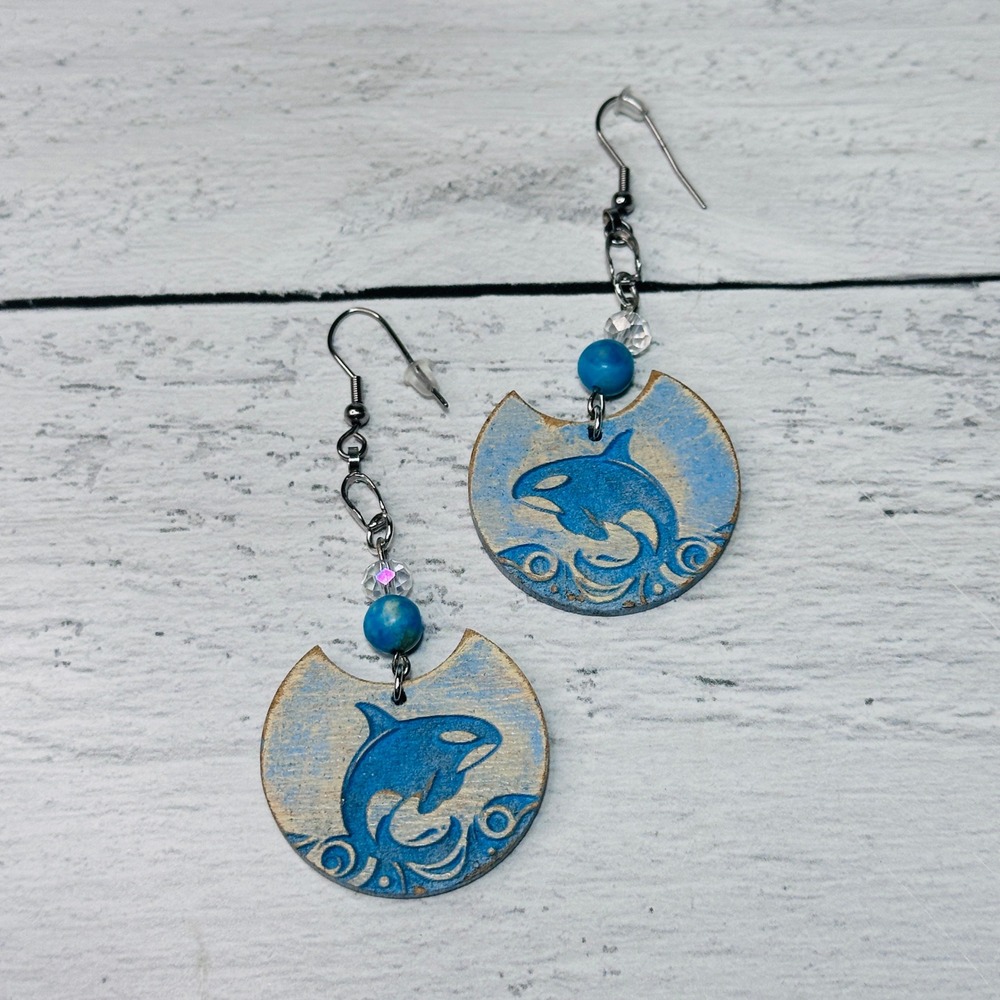 Orca Whale Ocean Wave Dangle Earrings Blue Wood Beach Coastal Handmade - Picture 3 of 7